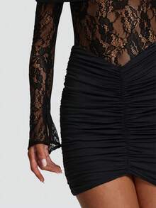 Solid Color Sexy Elegant Lace Backless Ruffle Lace Patchwork Beach Wedding Party Formal Evening Homecoming Dress - Black - View 5