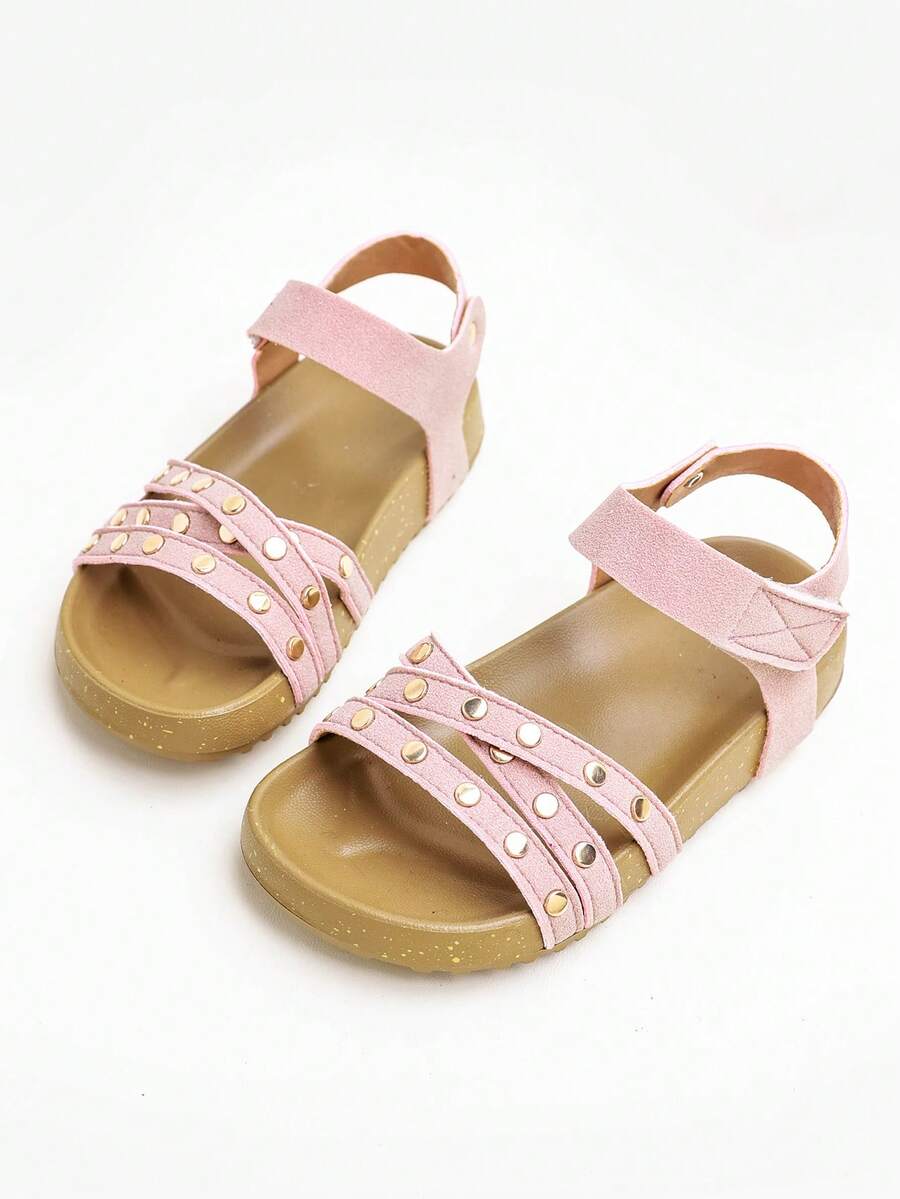 1 Pair Simple Solid Color Casual Hook And Loop Flat Sandals For Girls, Comfortable & Durable, Suitable For Outdoor Activities, Summer - Pink - View 1