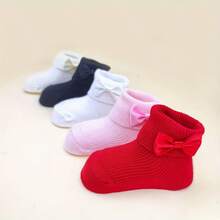 5双装婴儿纯色短袜，新年袜，经典红、黑、白、粉、米色，饰有蝴蝶结，色彩鲜艳，柔软舒适，适合春、夏、秋季日常穿着，适合0-3岁宝宝，节日袜，精美礼物，情人节袜 - 彩色 - 查看 4