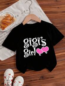 A Casual, Fashionable, And Comfortable Short Sleeved Baby Girl T-Shirt With A Pink Heart Element Print Pattern Of "GIGI's Girl", Cute And Warm, Suitable For Daily Outings And Family Interactions, Easily Creating Cute And Intimate Outfits - 黑色 - 查看 2