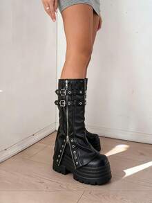 Goth Women's Fold Over Knee High Boots Platform Y2k Punk Thick Sole Belt Buckle Wedges High Heels Motorcycle Ruched Slouchy Boots Fashion Halloween Dress - 黑色 - 查看 8