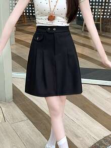 Unique Design High Waist Pleated Mini Skirt, School Style Thigh-Length Skirt For Women - Black - View 3