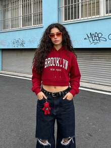 Sudadera corta con capucha y cordón con estampado de letras - Rojo - Ver 6