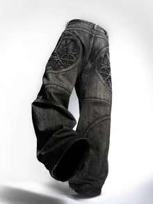 Men GlobeSwift Vintage Washed Embroidered Loose Straight Leg Jeans, Grunge - Black - View 2