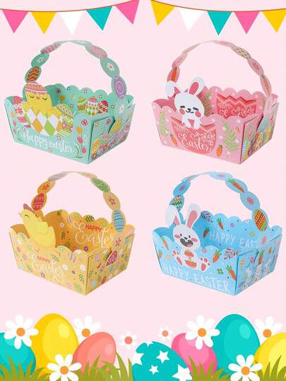 4个复活节兔子纸篮礼盒，带提手，复活节手提篮，兔子鸡造型纸托盘，糖果盒，零食盒，复活节派对装饰，双面印刷“复活节快乐”礼品包装盒，礼品包装用品，复活节装饰品，春季复活节派对回礼盒，复活节礼物，复活节派对用品，家居装饰，房间装饰
