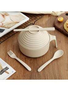 可爱带盖带把手面条碗餐具麦秆造型汤碗微波炉适用碗 1 套