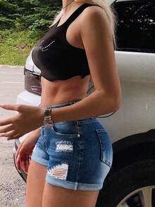 Women's Bestseller Stretchy High Waist Ripped Denim Shorts For Women - Sexy Wheat Skin Tone Curvy Fit | Elastic Fabric | Perfect For Summer Sexy Outings/Date Outfit - 深色水洗藍 - 查看 4