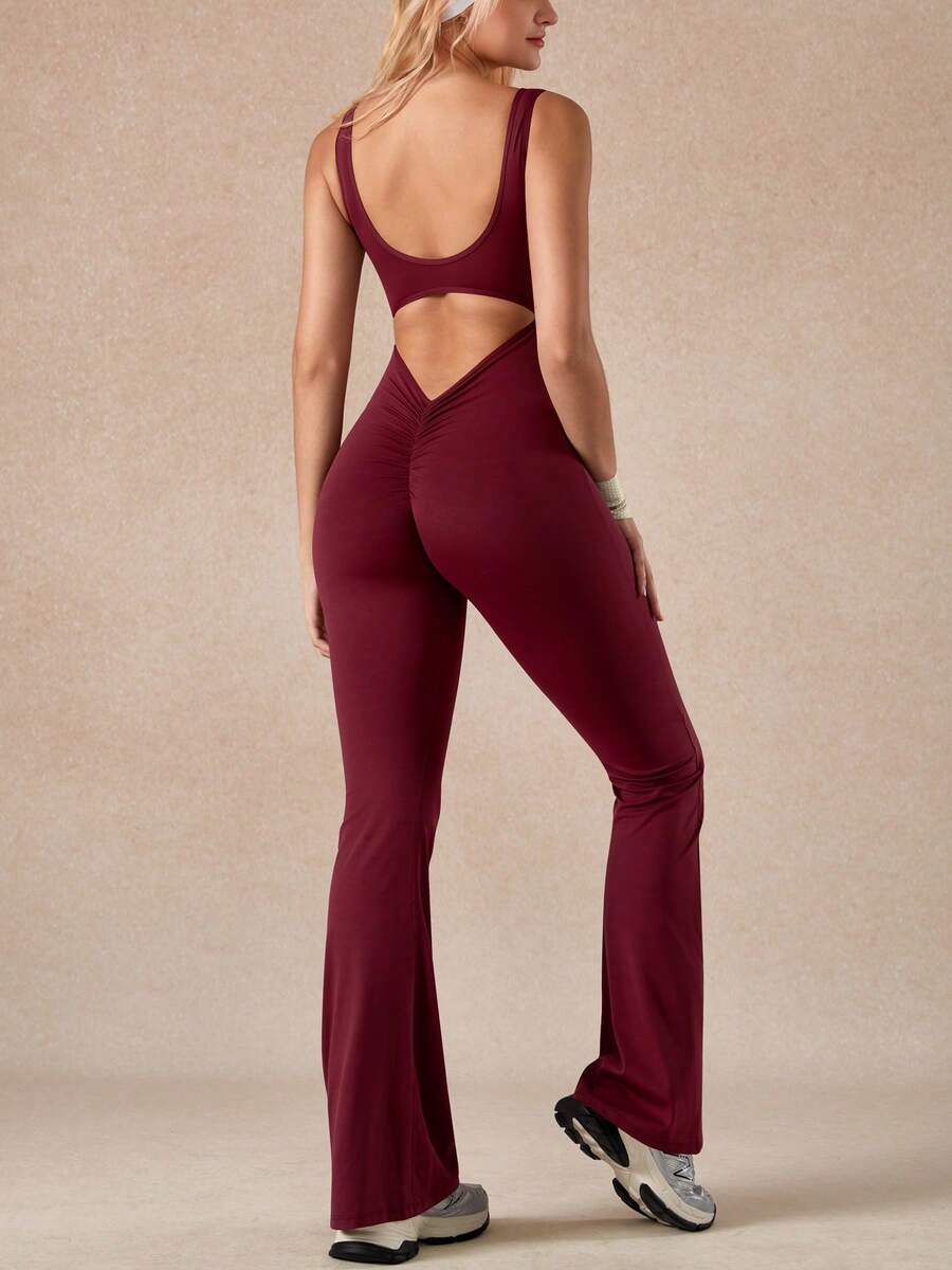 女士纯色露背性感喇叭连体裤，弹力提臀舞蹈训练服，镂空露背运动连体裤，时尚瑜伽连体裤，夏季 - 查看 1