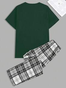 Bộ đồ mặc nhà nam Cottonline in họa tiết, kiểu dáng thường ngày, thoải mái. - Màu xanh lá cây đậm - Xem 2