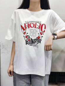 Round-Neck Short-Sleeve T-Shirt, Summer New Rose Pattern With Letter Print, Fashionable Casual Loose Women's Top - White - View 2