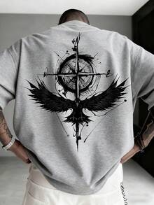 Krometka 男士休闲百搭鹰罗盘图案印花短袖T恤 - 灰色 - 查看 2