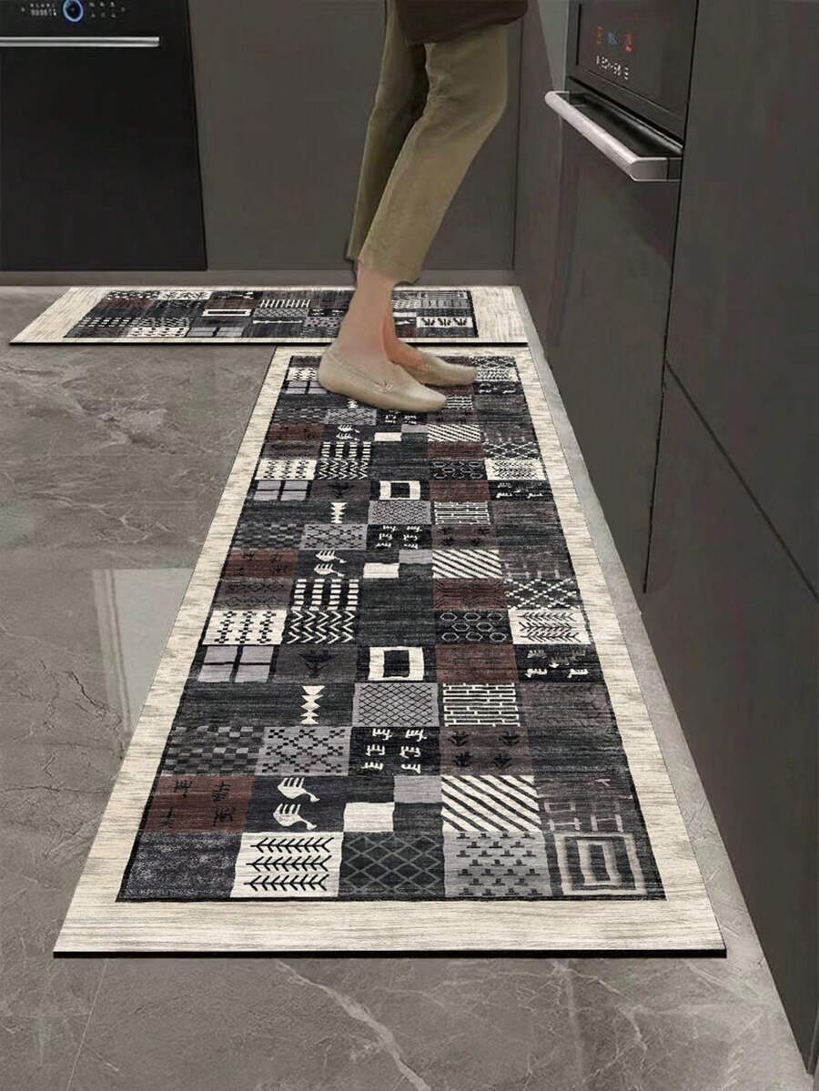 1 Stück Vintage amerikanischer Stil geometrisches Patchwork Muster Silikon Badezimmermatte, bestehend aus Stoffoberfläche, Schaumstoffmittellage und Gummiboden, geeignet für Küche, 3,5 mm dick, Retro Patchwork Design in Grau, Braun und Weiß Tönen