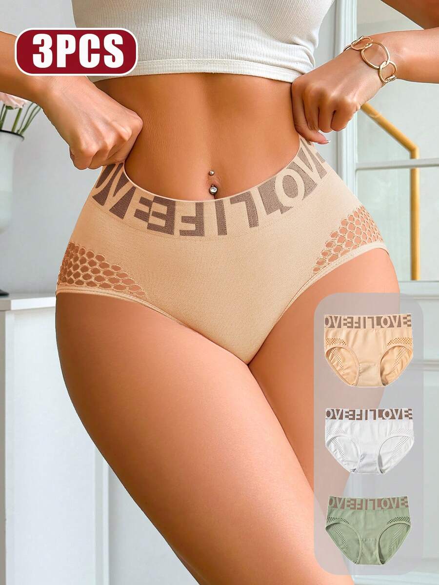3pcs/Pack Women's Seamless Letter Print Hollow Out Thong Panties, Multicolor