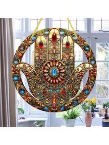 阳光捕捉器 - 波西米亚风格亚克力墙饰，哈姆萨之手主题牌匾，多用途装饰标牌，适用于家居、花园、门廊、客厅墙面装饰 - 阳光捕捉器圆形牌匾（1 件） - 香檳色 - 查看 1