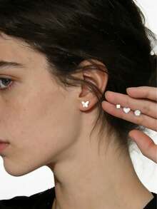 1pc S999 Sterling Silver Matte Butterfly Ear Stud, Minimalist Heart Design, Elegant Earring - White Gold - View 7