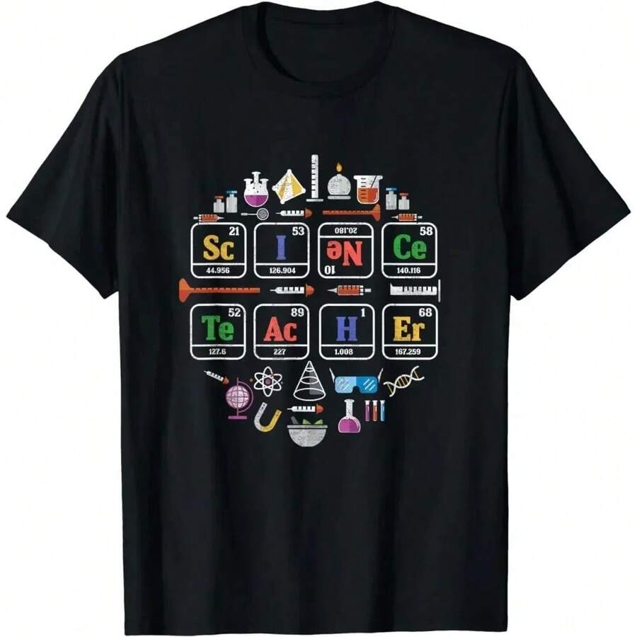 Camiseta de Profesor de Ciencias Tabla Periódica Elementos Químicos Camiseta Casual Cuello Redondo Regalo de Navidad Ropa de Verano para Mujeres Top Y2K - Negro - Ver 1