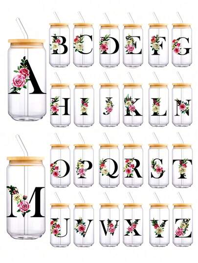 480ml Letter Printed Glass Cup, High Borosilicate Glass Cup With Bamboo Lid And Straw, Suitable For Coffee, Cold And Hot Drinks, Ideal For Parties, Holidays, Thanksgiving, Teacher's Day And Other Occasions