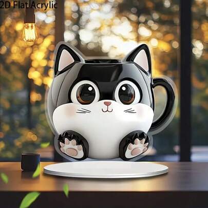 Taza de café de acrílico con diseño plano y encantador de gato con atrapasol - Regalo perfecto para amigos y familiares, ideal para decoración del hogar y la oficina, 8.66"X8.27