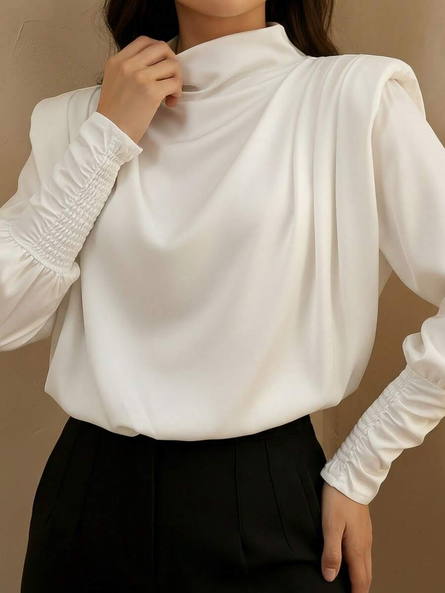 女士长袖纯色荷叶边纽扣休闲优雅衬衫 - 白色 - 查看 1
