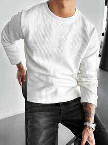 1pc Men's V-Neck Ribbed Knit Sweater Long Sleeve T-Shirt, Knitted Fabric, Casual Style, Elegant Old Money Vibe, Textured Fabric With Comfortable Drape, Pill-Resistant And Non-Deforming, Minimalist Design With Hidden Details - White - View 5