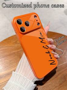1pc Customized Name, Minimalist Luxury Fashion Trending Orange Deluxe Large View Tempered Glass With Lens Protection Matte Anti-Drop Phone Case Compatible With IPhone 17/17Pro/17ProMax/17Air/16/16Pro/16ProMax/16Plus/15/15Plus/15Pro/15ProMax/14/14Plus/14Pro/14ProMax/13/13Pro/13ProMax/12/11 Phone Accessories, Full Coverage Premium Protection