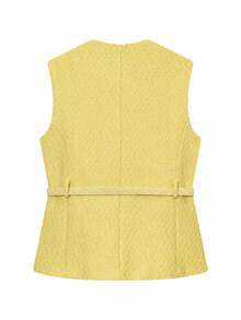 女士优雅无袖单排扣休闲时尚口袋装饰背心夏季 - 芥末黃 - 查看 7