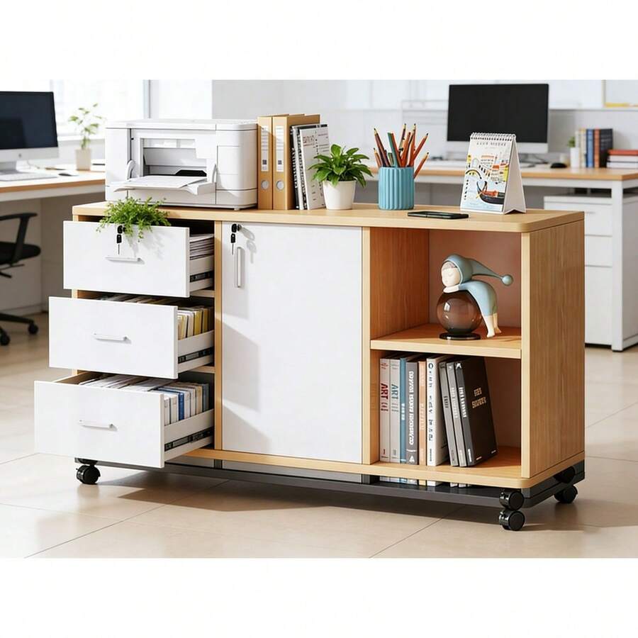 Armario de archivos móvil para oficina, armario de almacenamiento con ruedas de madera estampada clara (almacenamiento doble: cajones + compartimentos abiertos) - Blanco - Ver 1