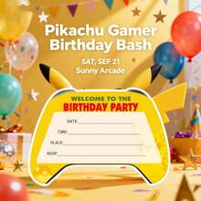 宝可梦游戏手柄主题派对邀请函，皮卡丘游戏手柄生日派对邀请卡，生日主题游戏手柄邀请卡，皮卡丘生日邀请函，贺卡 - 彩色 - 查看 4
