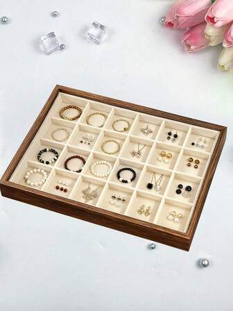 1 st smyckesbricka i nordisk stil i trä, vintagefärgad valnöt - Dekorativ förvaringslåda för hängen, kan förvara halsband, ringar, örhängen, pärlor, guldsmycken - Multifunktionell förvaringslåda för hemmet, lämplig för sovrum, badrum, kontor, skrivbord, sminkbord - Heminredningstillbehör