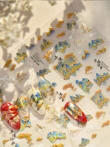 1pc Vintage Gilded Landscape Nail Art Sticker, Essential For Nail Artists, 3D Embossed Craftsmanship, Elegant Gilded Landscape Art Decor Design, Self-Adhesive Nail Sticker For DIY, Reusable, Gift For Women, Nail Art Supplies, Exquisite Accessory Gift Nails - Blue - View 4