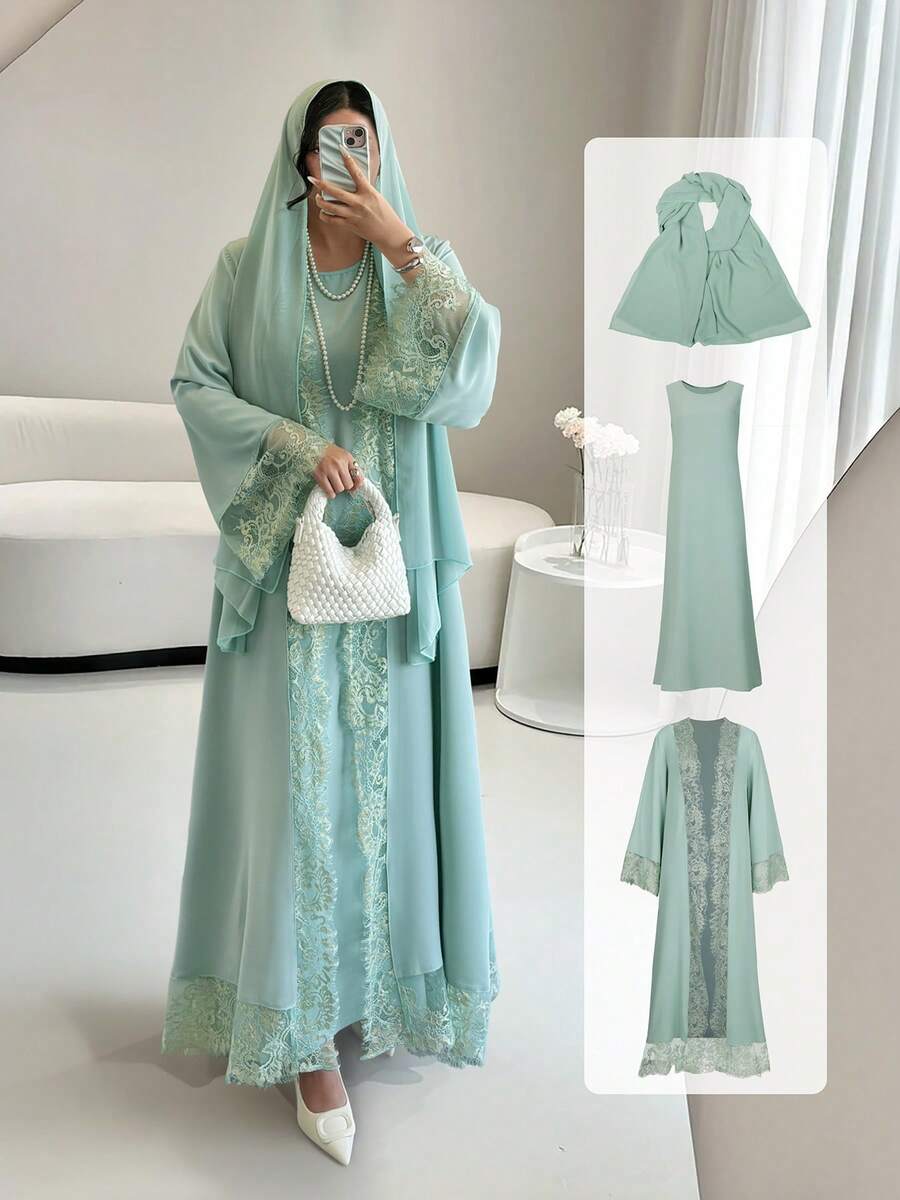 Abayas For Women,Open Abaya Set With Lace Trim, Sleeveless Inner Dress & Chiffon Headscarf - Lightweight, Modest & Breathable For Spring/Summer,Elegant Party Dresses For Women - màu xanh da trời - Xem 1