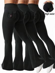 3PCS  Womens Fashion Casual Minimalist Butt-Lifting Peach Shaping Elegant Streetwear Retro Slimming Low-Key Luxury Playful Cute Youthful Campus Classic Leg-Lengthening Romantic Simple Three-Piece Set Energetic High-End Maillard Body-Hugging High-Waisted Versatile Multi-Colored Flared Pants ,Workout Running Leggings ,Gym Work Pants, Exercise, Cycling,Yoga - 3Pcs Black - 查看 1