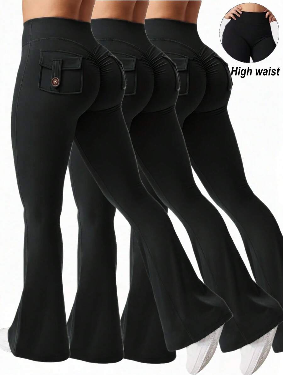 3PCS  Womens Fashion Casual Minimalist Butt-Lifting Peach Shaping Elegant Streetwear Retro Slimming Low-Key Luxury Playful Cute Youthful Campus Classic Leg-Lengthening Romantic Simple Three-Piece Set Energetic High-End Maillard Body-Hugging High-Waisted Versatile Multi-Colored Flared Pants ,Workout Running Leggings ,Gym Work Pants, Exercise, Cycling,Yoga - 3Pcs Black - 查看 1