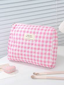Túi đựng mỹ phẩm họa tiết kẻ ô màu hồng, túi đựng đồ đa năng, bộ túi đựng mỹ phẩm dung tích lớn, túi đựng mỹ phẩm in họa tiết caro dễ thương, túi đựng cọ trang điểm, giỏ đựng đồ dùng văn phòng bằng vải mềm, xô đựng dụng cụ làm đẹp, túi đựng đồ chăm sóc da, túi đựng đồ vệ sinh cá nhân du lịch di động, túi đựng đồ dùng vệ sinh họa tiết kẻ sọc. - Hồng - Xem 9