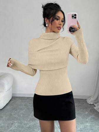 Amarilo höst- och vinterkostym med lång ärm och två delar för damer – konstull, hög krage med slag, omlottmodell, perfekt för vardagsaktiviteter, casual business och pengastil