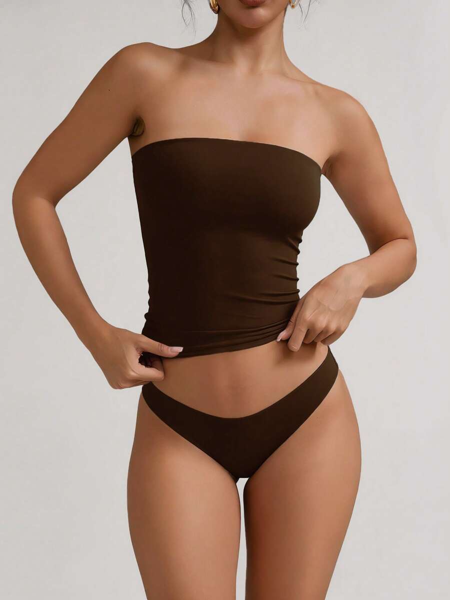 XLLAIS 性感无肩带基础款背心，时尚纯色弹力修身棕色抹胸上衣，四季皆宜。