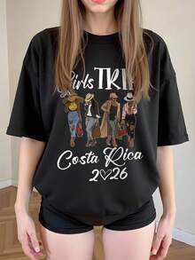 Camiseta de manga corta con cuello redondo de estilo casual y vacacional en talla grande, con estampado de chica 2026 - Suave y transpirable, adecuada para camisetas casuales de verano y primavera - Ropa regular de mujer de talla grande, camiseta estampada para mujer - Negro - Ver 2