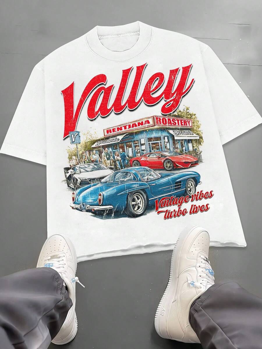 Valley Rentiana Roastery Vintage Vibes Classic Cars Retro Scene Blue And Red Sports Cars Urban Street Art Style Print, 100% Cotton T-Shirt, Y2K, Hip Hop Street Style, Digital Printing, Perfect Gift - 白色 - 查看 1