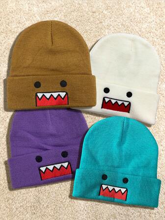 KERESLINA Cute Cartoon Embroidered Knit Beanie Hats, Multi-Color, Warm, Casual, Versatile, Streetwear, Unisex