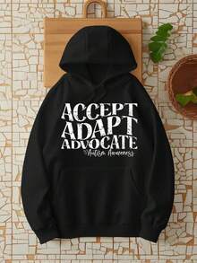 1Pc Accept Adapt Advocate Autism Awareness Hoodie - Long Sleeve, Knit Fabric, Relaxed Fit, Full Size, Fashionable Graphic Print, Perfect For Casual Outings And Daily Wear Women's Minimalist Regular Fit Long Sleeve Sweatshirt - Casual Daily Outfits Top Valentine Outfits For Women - 黑色 - 查看 7