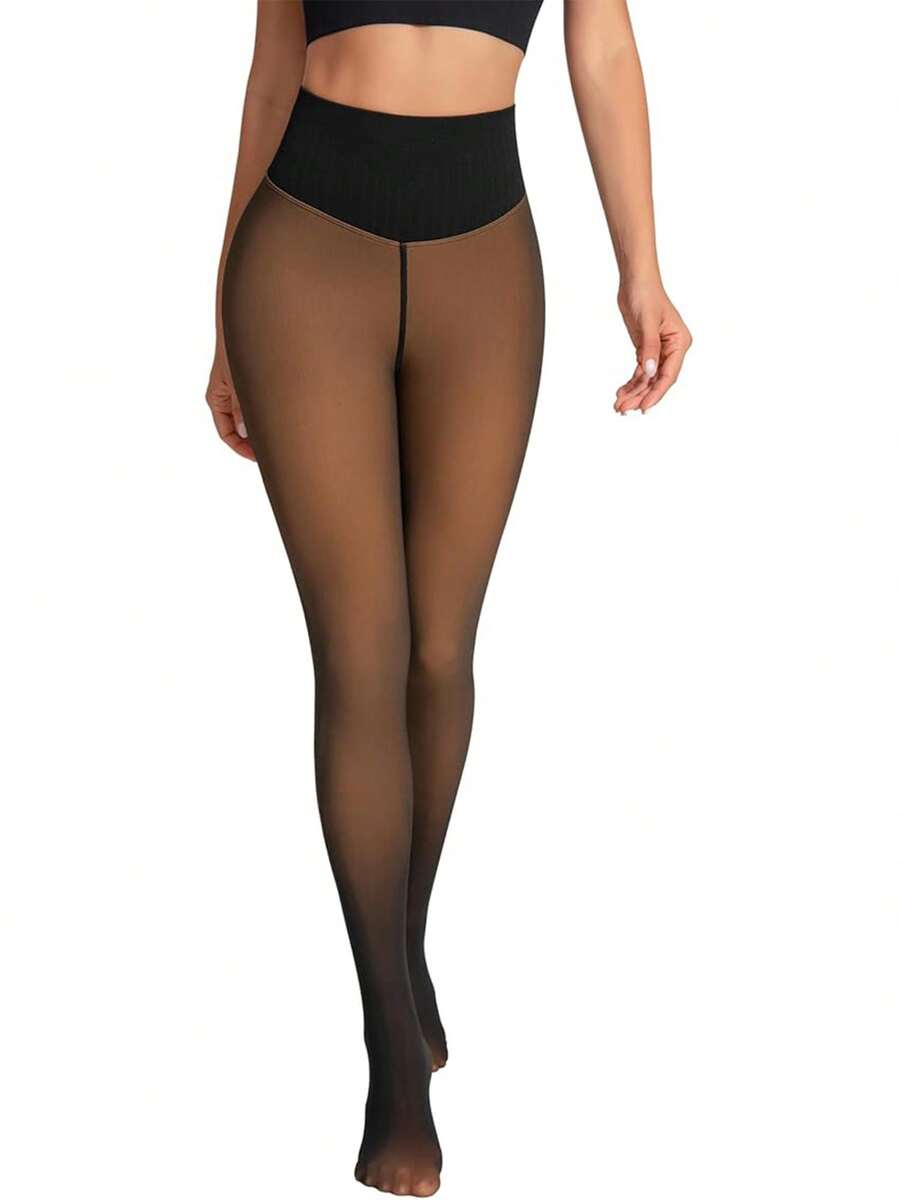 Women's Pantyhose With Single-Stitched Four-Color Fleece Lining, Black Thin Fleece-Lined Warm Pantyhose, Winter Warm And Heat-Insulating Semi-Transparent Leggings, Closed-Leg Design. - 黑透蜂蜜 - 查看 1