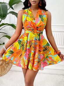 AIJ Amarilo Women's Tropical Leaf Print Sleeveless V Neck Fit & Flare Mini Dress – Ideal For Spring Break Carnival Costume, Brunch, Beach Vacation & Casual Daily Wear - Orange - View 4