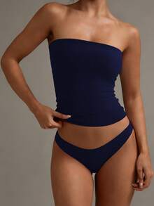 XLLAIS 性感无肩带基础款吊带背心，时尚纯色弹力修身抹胸上衣，适合女性四季休闲夏季穿着 - 寶藍色 - 查看 4