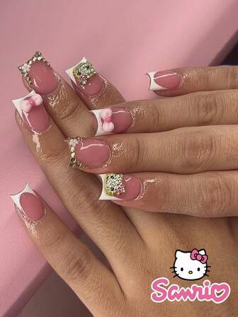  24PCS Short Square Fake Nail HelloKitty White French Sanrio Pink Bow Love Sanrio Pointed Nail Art Cute Chrome Acrylic Press Nail Gel Nail Art Nail Art Supplies Nail Art Set (Attached: A Piece Of Jelly Gel And File) Suitable For Women Daily Dating Party