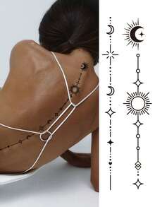 性感线条风格人体彩绘纹身贴纸，适用于背部、腰部、脊柱等部位，图案包括月亮、心形、花朵、几何图形和树叶。防水仿真纹身，可持续2-5天，可贴于手臂、肩膀、胸部、腰部、背部、脊柱和腿部。是节日、婚礼、度假、派对礼物、音乐节、情人节和身体装饰的完美之选。 - 黑色 - 查看 14