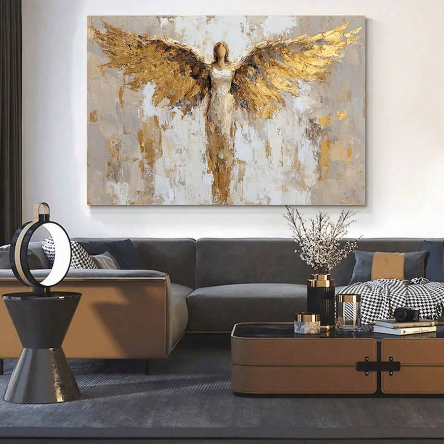 2D Flat,1pc 12x18in(30x45cm) Four Sizes Available Canvas Wall Art Posters Framed Canvas Art Print,  Beautiful Angel With Golden Wings,Unique Creative Wall Hanging Decor Modern Minimalist Luxury Style + Abstract Art Style New Year's Eve/New Year Celebrations Christian Gifts Valentine's Day Gifts Christmas Gifts– Perfect For Living Room, Bedroom, Office, Cafe, Bar, Waterproof, Ideal Gift And Decoration Kitchen, Perfect Gift Idea Home Decor Interior Design - Elegant Christmas & Year-Round Decor, Wrap-Around Canvas Frame - 黃色 - 查看 1