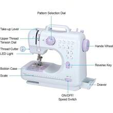 Máquina de coser grande, mini máquina de coser eléctrica portátil para principiantes, 12 puntadas incorporadas, 2 velocidades con pedal, luz, cajón de almacenamiento. - Blanco - Ver 8