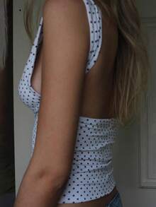 Women Y2k Halter Tank Tops Plaid/Heart Printed Back Tie Up Cowl Neck Slim Fit Crop Tops Summer Backless Sleeveless Cami Vest Shirts Party Club Streetwear - 白色波點 - 查看 3