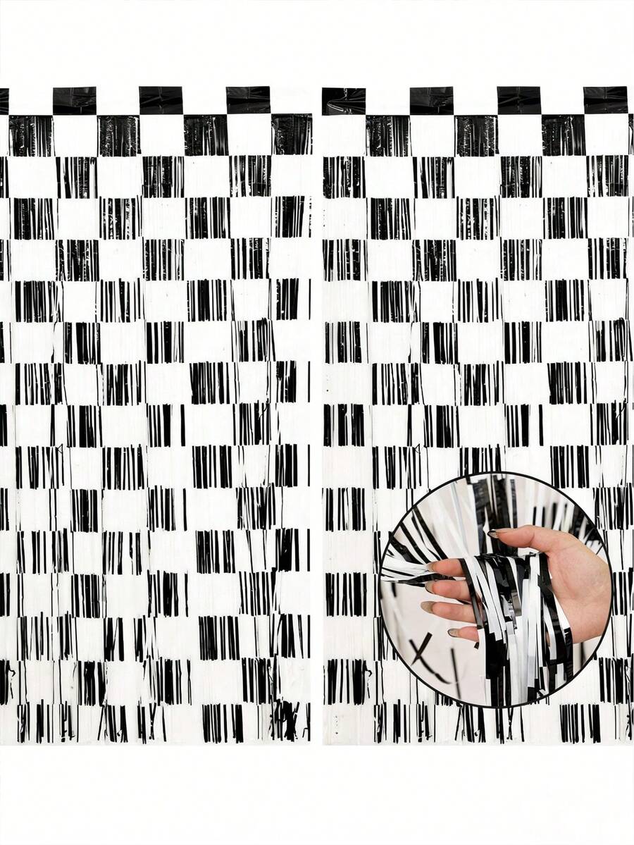 1/2pcs Racing Car Theme Metal Wire Curtain, Black & White Checkered Tassel Curtain, Racing Car Theme Birthday Party Decor Curtain, Racing Car Theme Birthday Party Foil Curtain, "Start Racing" Party Background Decor, Indoor/Outdoor Party Background Decor, Photography Prop - Racing - View 1