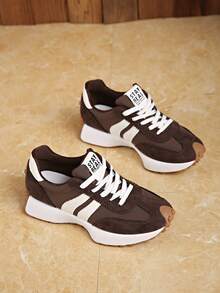 Shoes Retro Chunky Sneakers Instep Bulky Running Sneakers For Women, Shoes For Women,Women's Comfortable Lace-Up Sneakers - Lightweight Multifunctional Casual Shoes, Non-Slip Rubber Sole, Suitable For All Seasons - 棕色 - 查看 5
